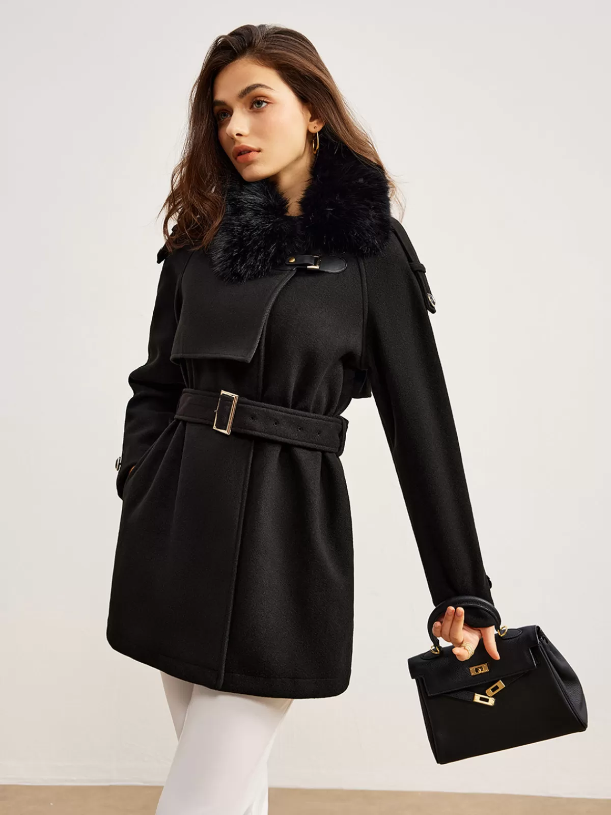 COMMENSE Adjustable Fur-Collar Belted Trench Coat Black Clearance