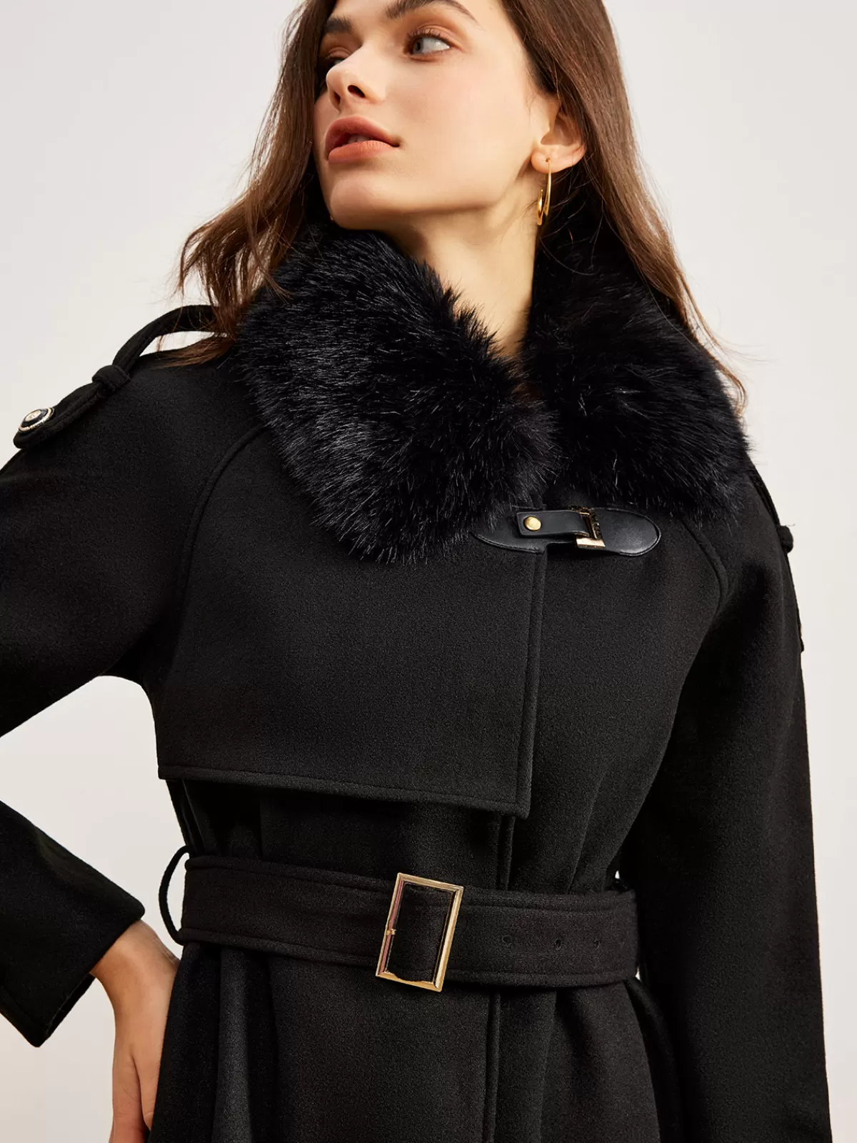 COMMENSE Adjustable Fur-Collar Belted Trench Coat Black Clearance