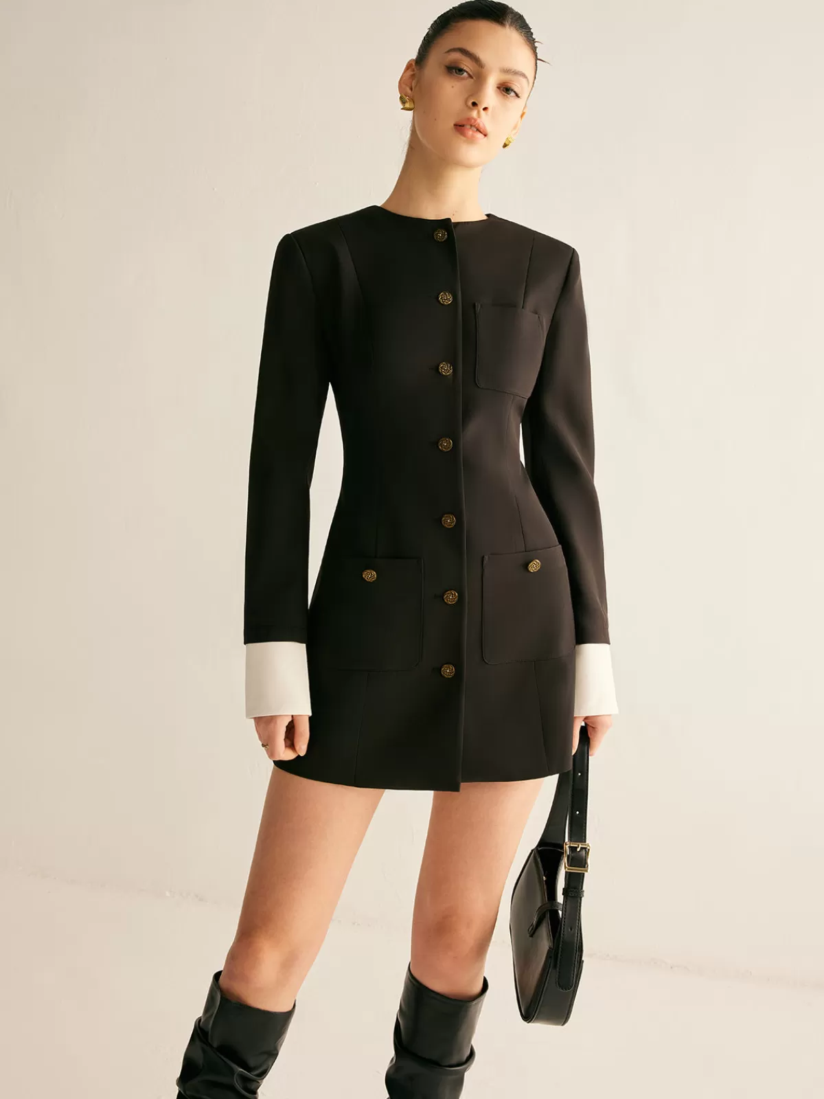 COMMENSE Adjustable-Collar Slim Blazer Dress Black Best Sale