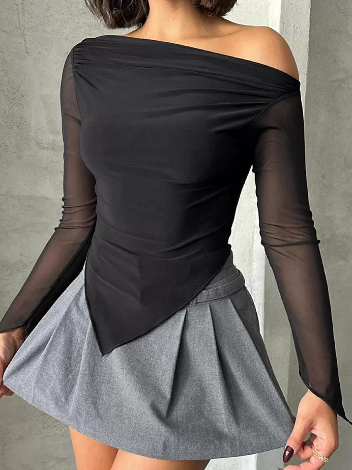 COMMENSE Asymmetric Ruched Semi-Sheer Blouse Black Hot