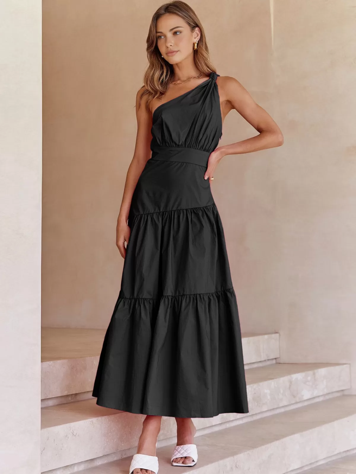 COMMENSE Asymmetric Shoulder Knotted Midi Dress Black Hot