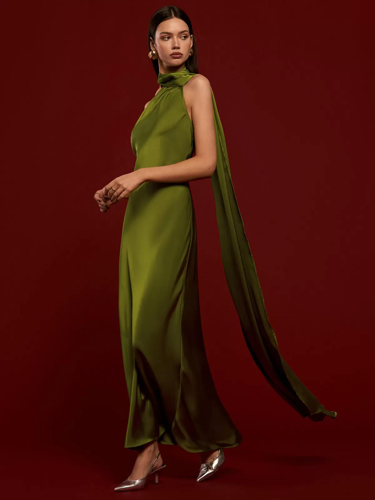 COMMENSE Asymmetrical Backless Satin Dress Green Cheap