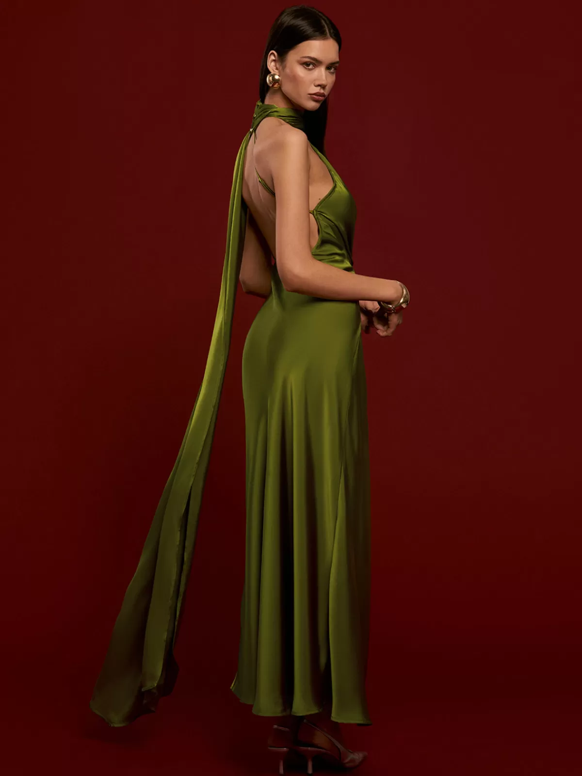 COMMENSE Asymmetrical Backless Satin Dress Green Cheap