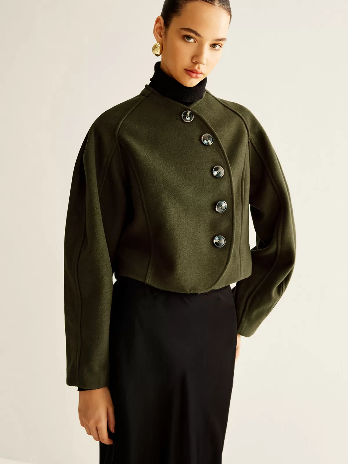 COMMENSE Asymmetrical Button Crop Tweed Coat Green Clearance