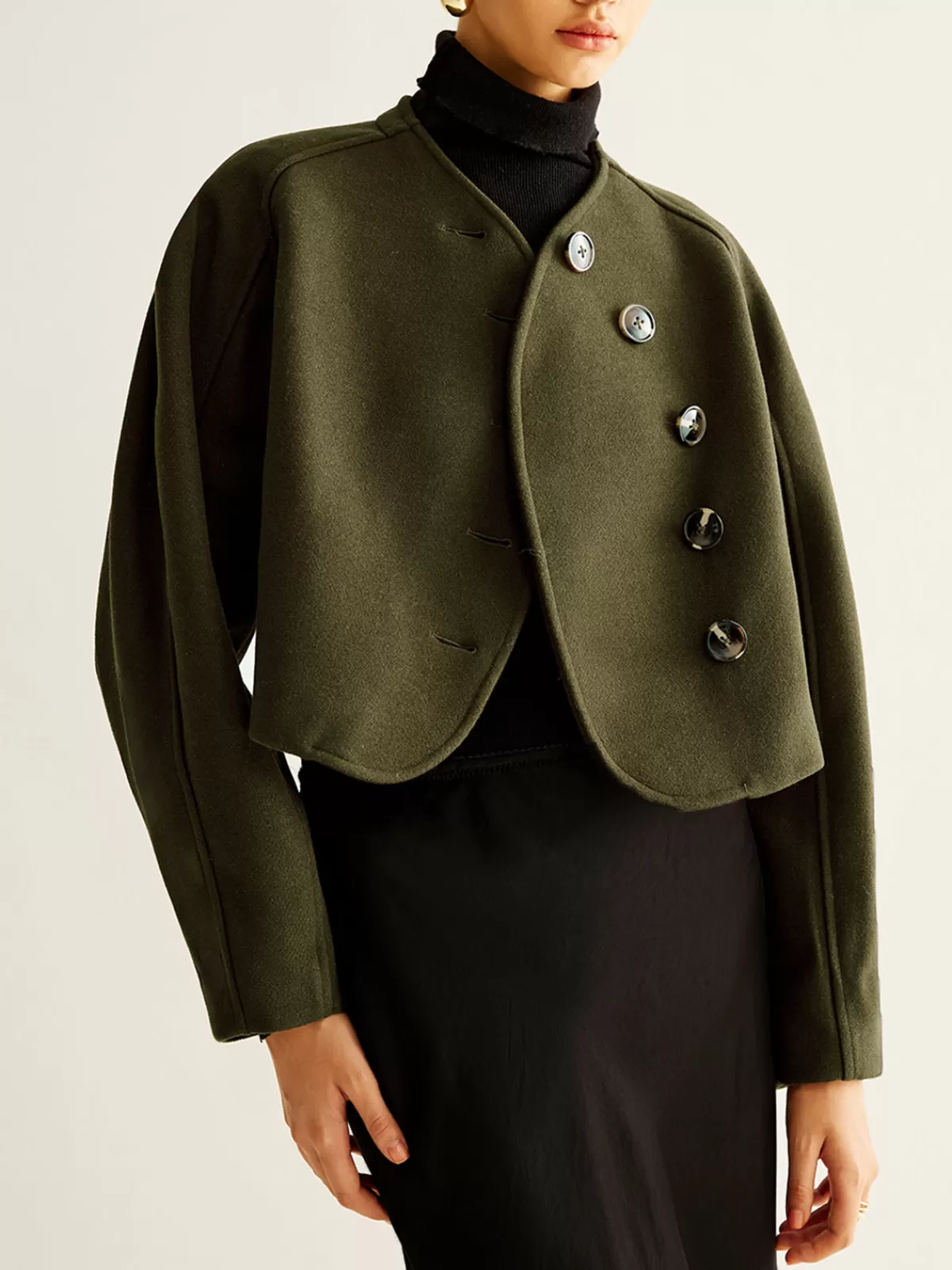 COMMENSE Asymmetrical Button Crop Tweed Coat Green Clearance