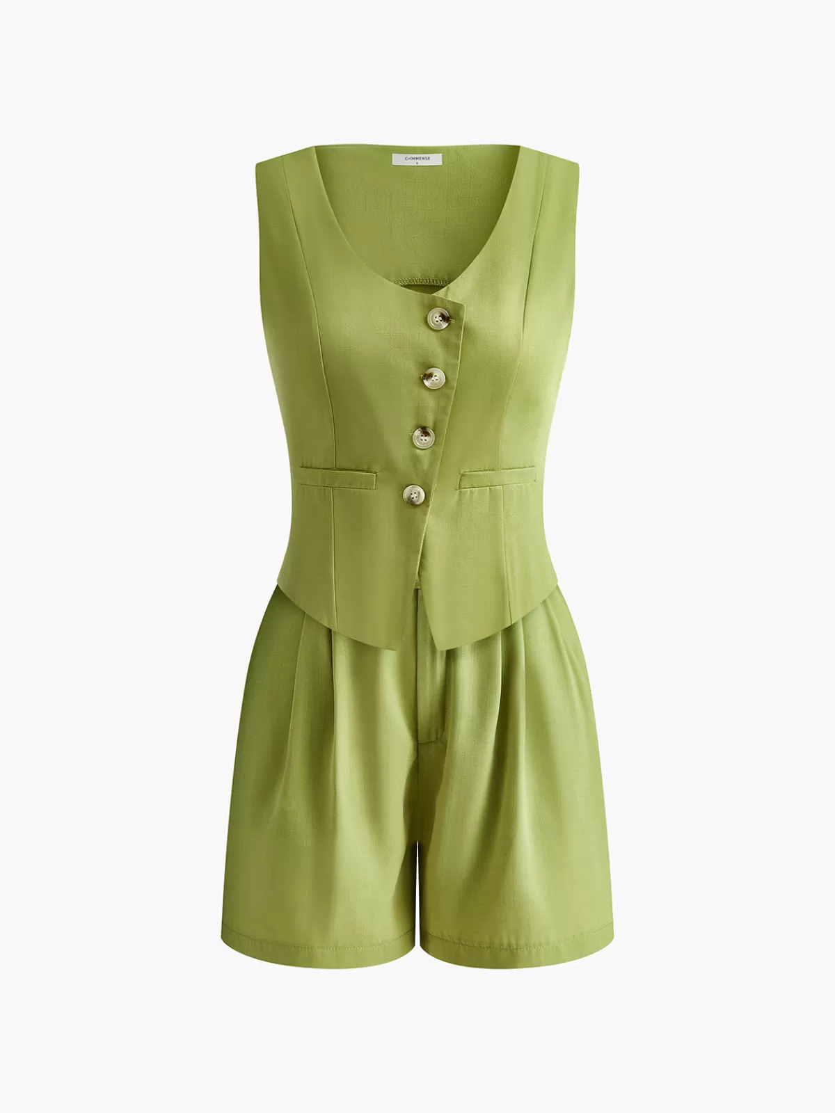 COMMENSE Asymmetrical Button Pleated Shorts Set Green Hot