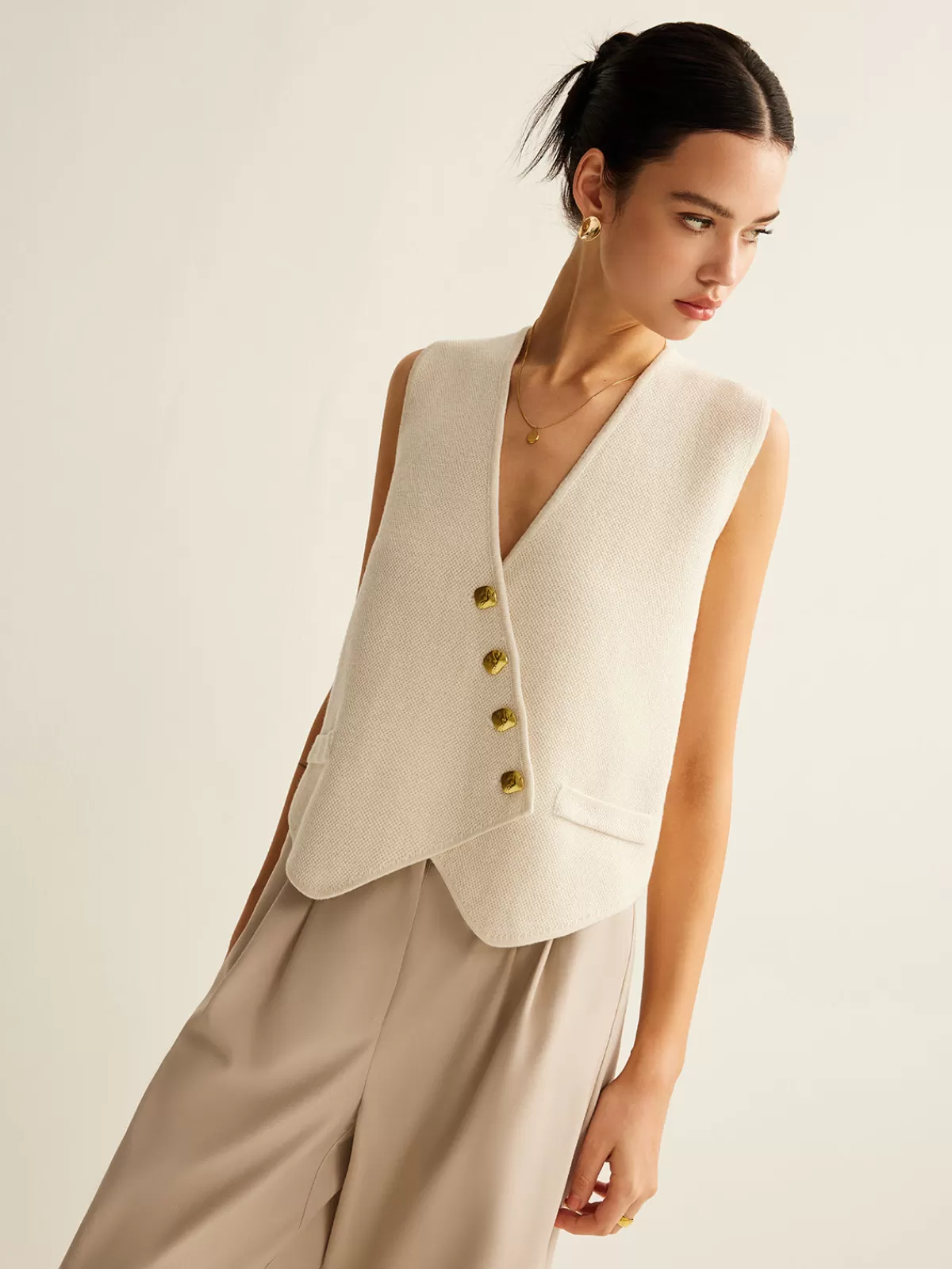 COMMENSE Asymmetrical Button Sweater Vest Off-White Sale