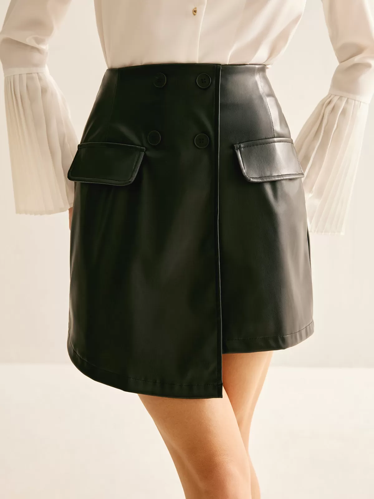 COMMENSE Asymmetrical Button Zipper PU Skirt Black Fashion