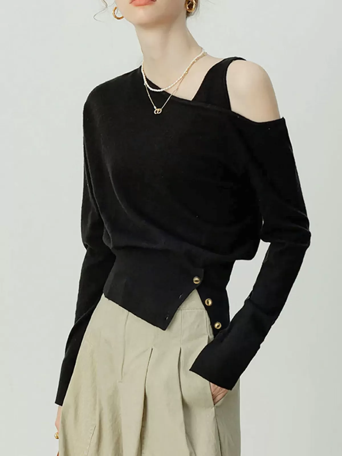 COMMENSE Asymmetrical Cold Shoulder Sweater Co-ords Black Outlet