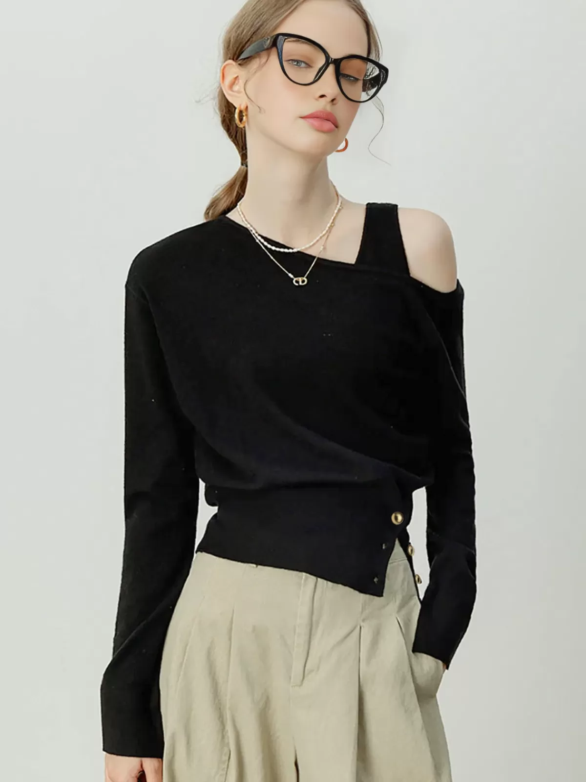 COMMENSE Asymmetrical Cold Shoulder Sweater Co-ords Black Outlet