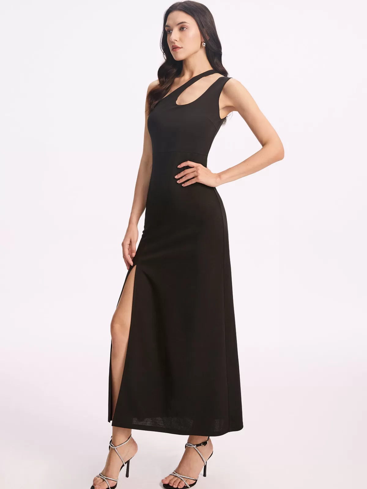 COMMENSE Asymmetrical Collar Long Dress Black Clearance