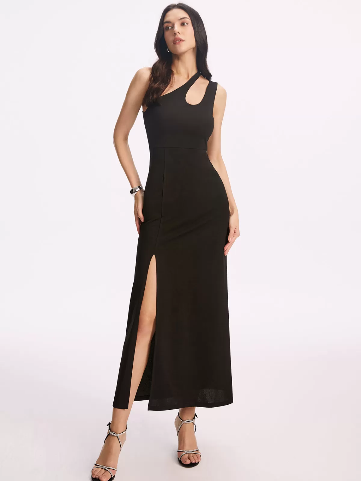 COMMENSE Asymmetrical Collar Long Dress Black Clearance