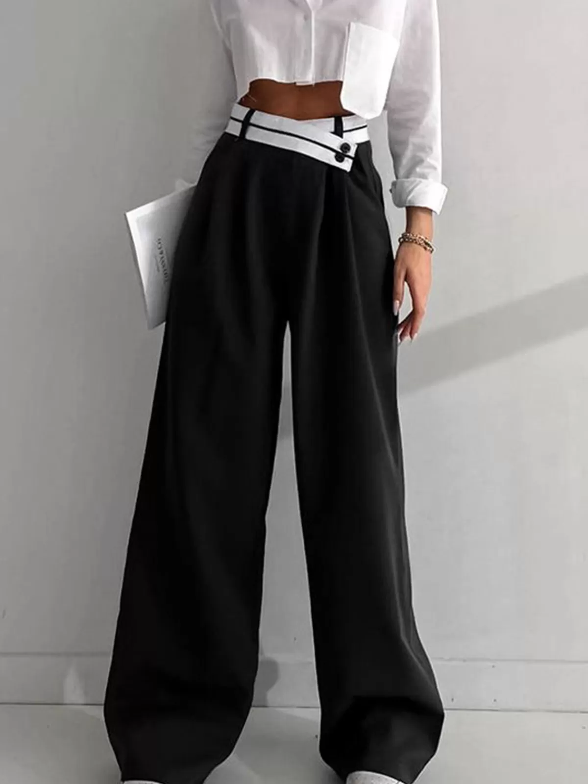 COMMENSE Asymmetrical Contrast Waistband Wide Leg Dress Pants Black Store