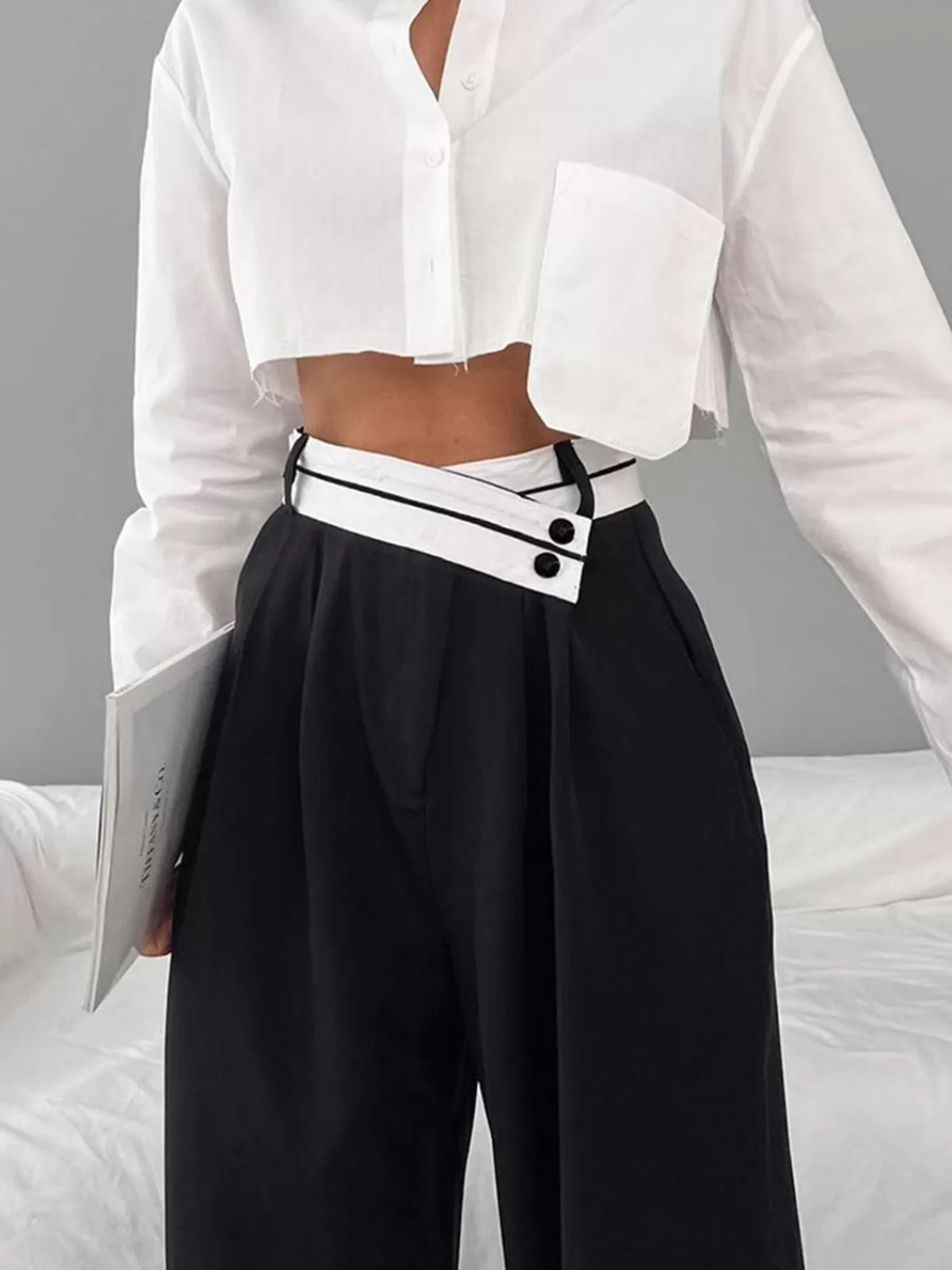 COMMENSE Asymmetrical Contrast Waistband Wide Leg Dress Pants Black Store