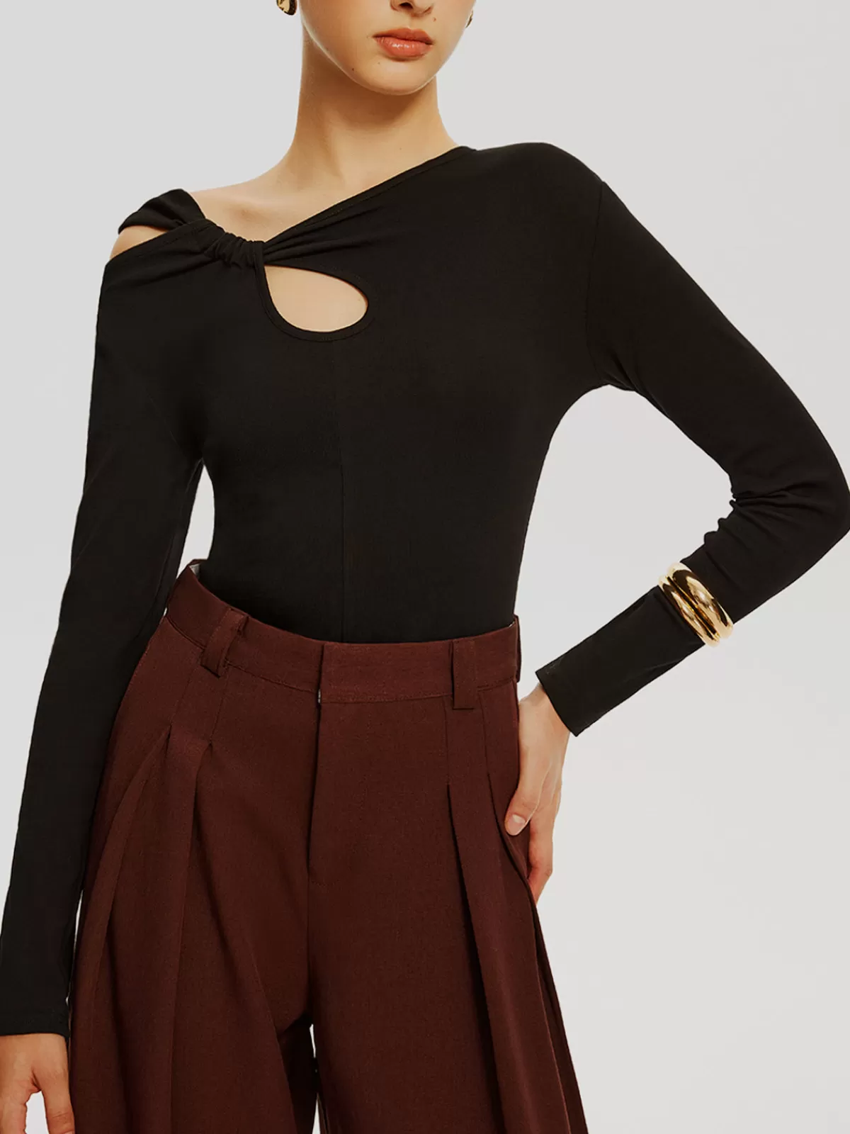 COMMENSE Asymmetrical Knotted Jersey Top Black Fashion