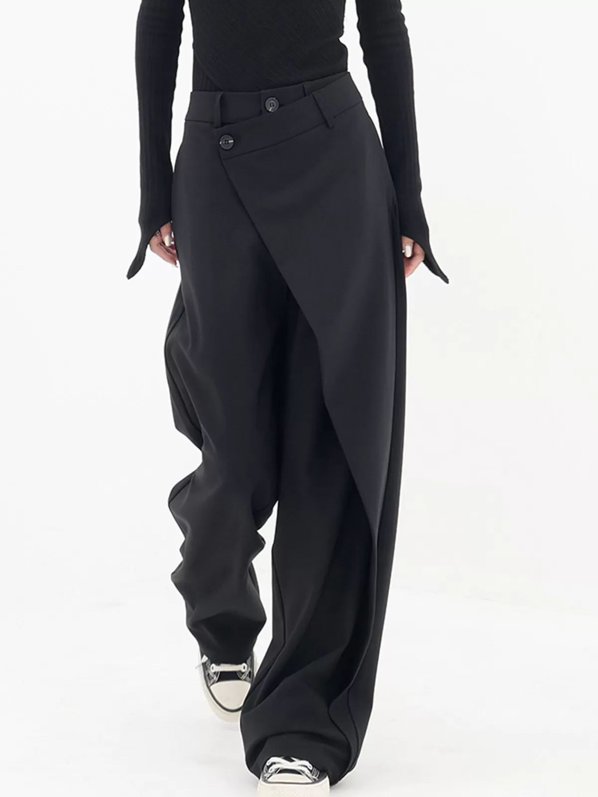 COMMENSE Asymmetrical Layer Button Wide Leg Dress Pants Black Shop