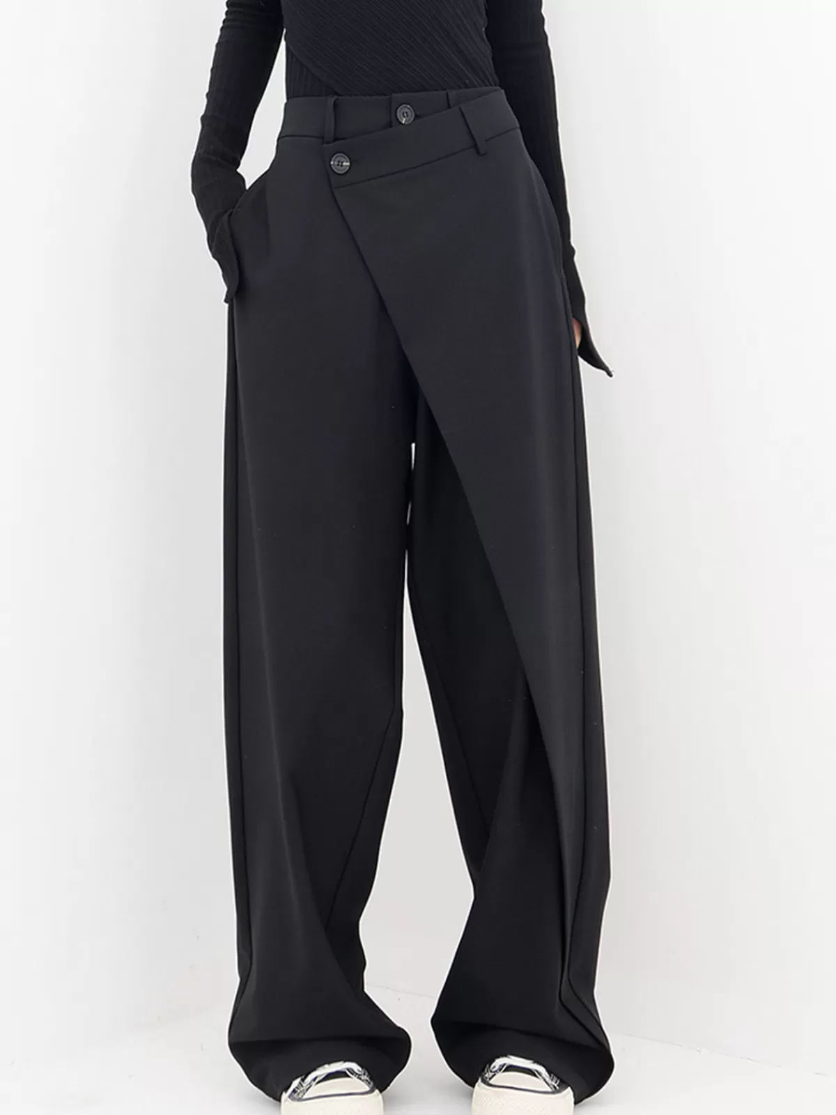 COMMENSE Asymmetrical Layer Button Wide Leg Dress Pants Black Shop