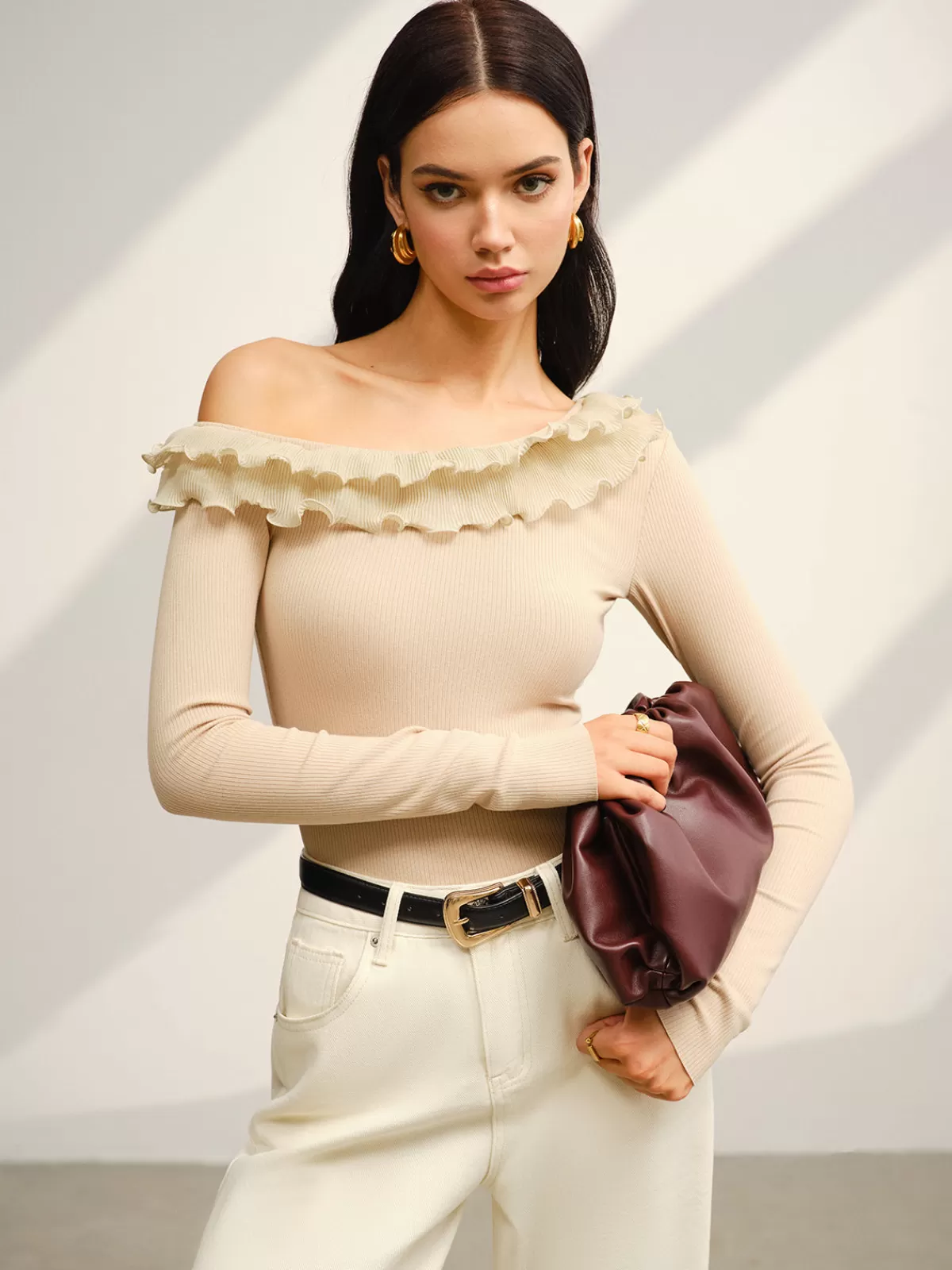 COMMENSE Asymmetrical Neck Lettuce Trim Jersey Top Apricot Best