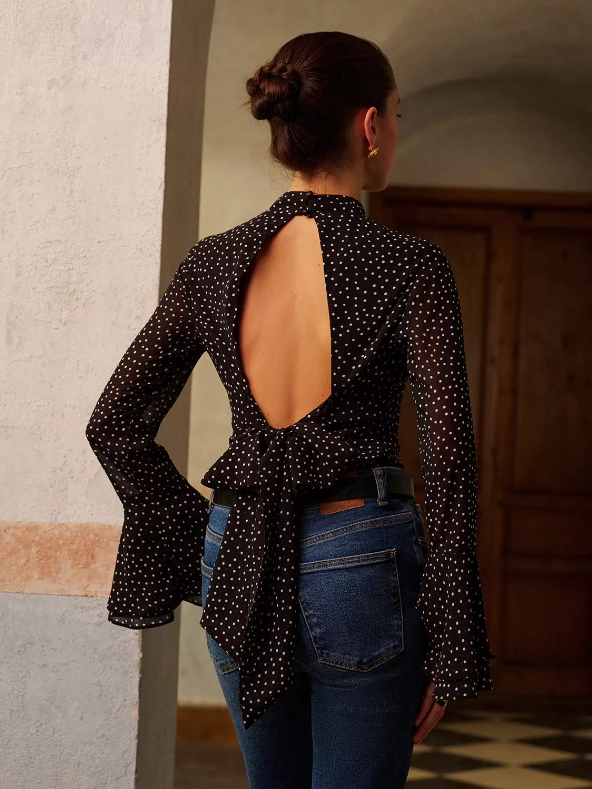 COMMENSE Backless Polka Dot Bow Chiffon Shirt Black Shop
