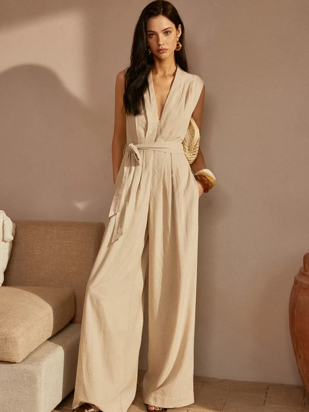 COMMENSE Belted Ruched V-Neck Jumpsuit Off-White Shop