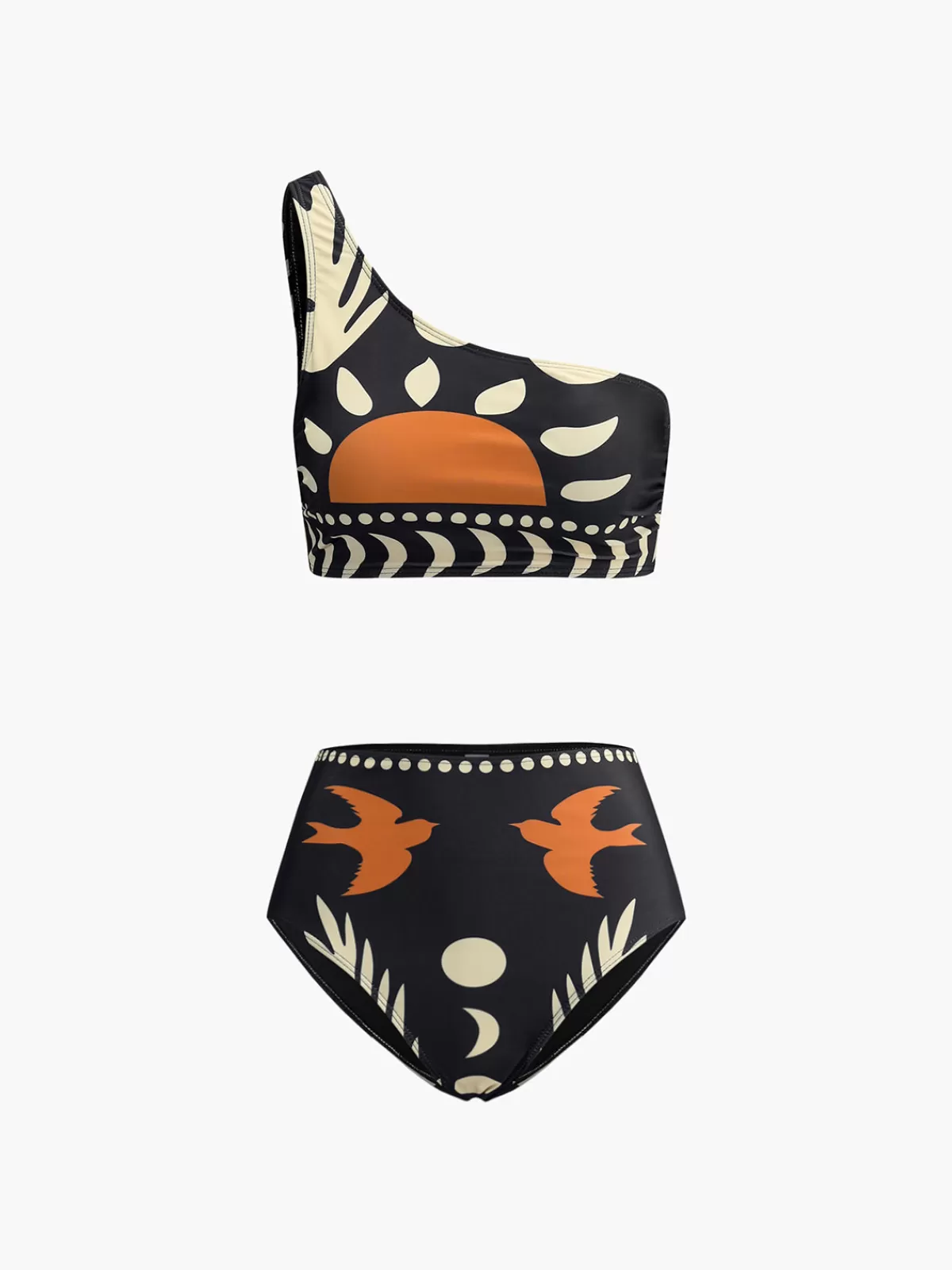COMMENSE Bird Print Asymmetrical Neck Bikini Set Black Cheap