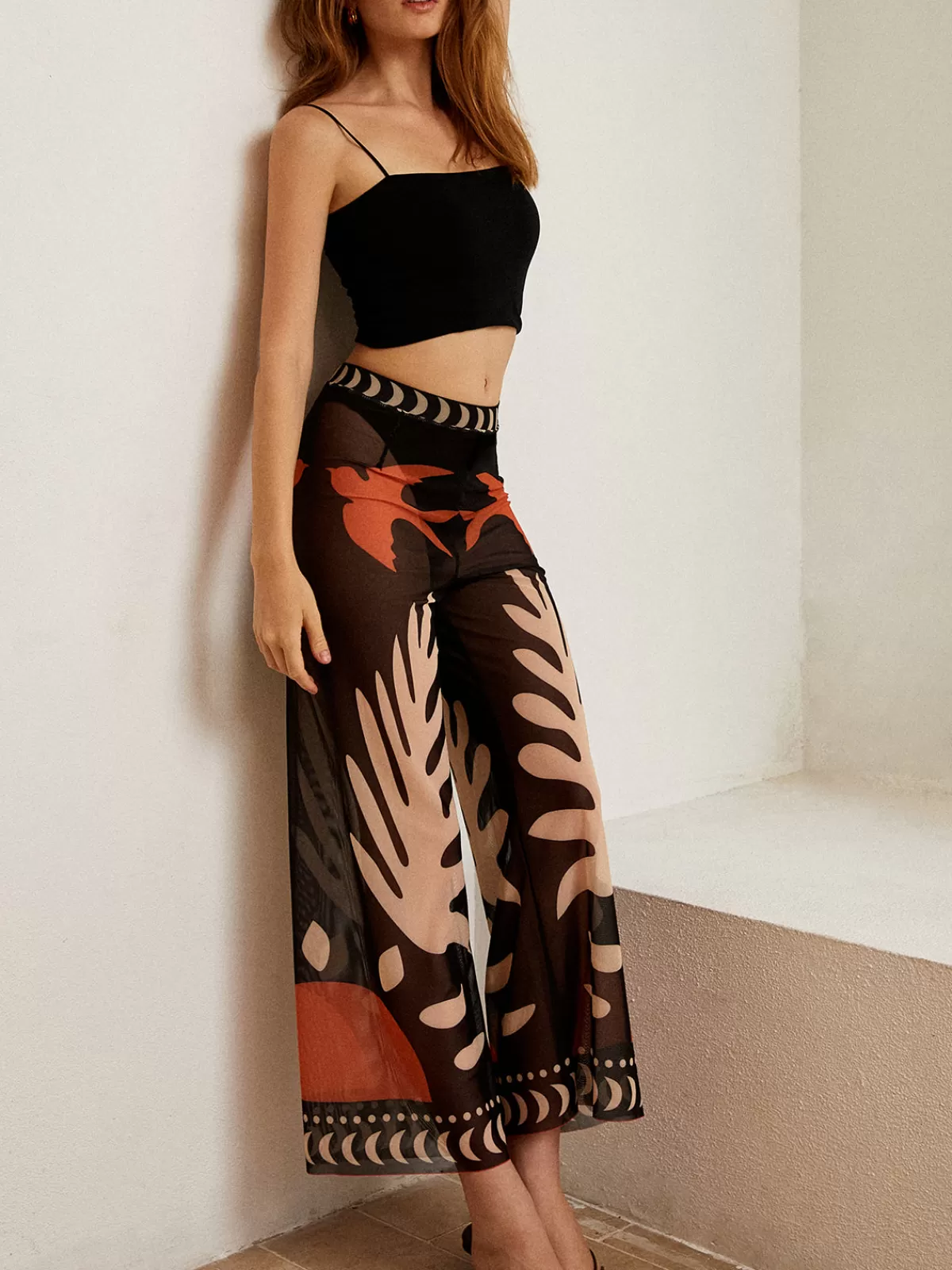 COMMENSE Bird Print Sheer Mesh Pants Black Outlet