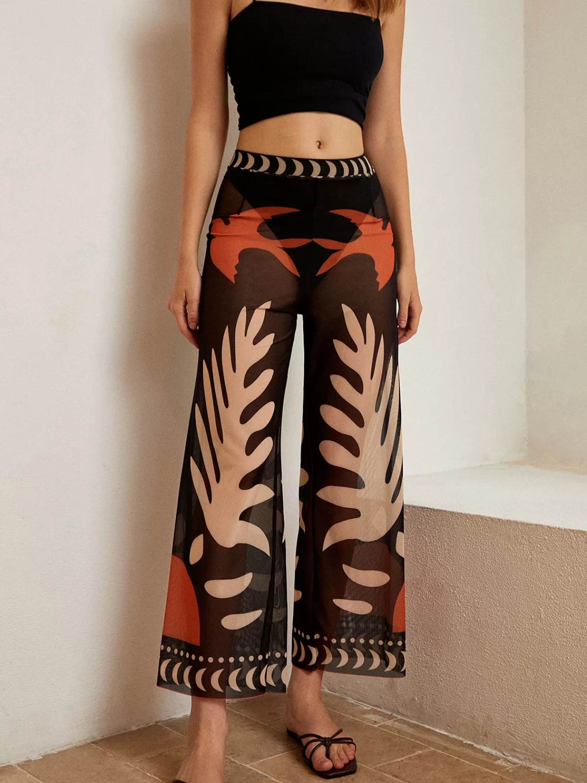 COMMENSE Bird Print Sheer Mesh Pants Black Outlet