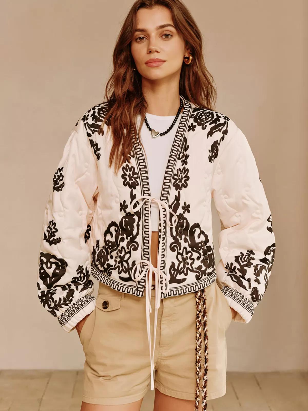 COMMENSE Boheme Printed Lace Up Short Jacket BlackandWhite Discount