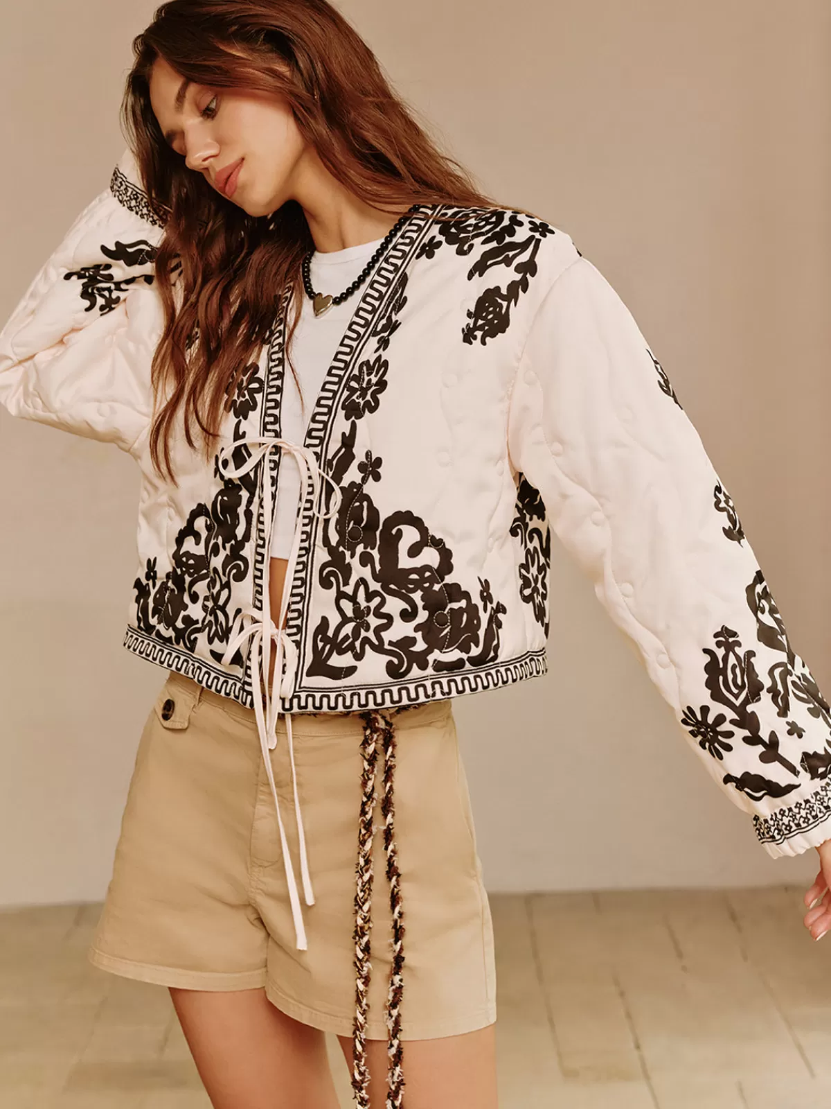 COMMENSE Boheme Printed Lace Up Short Jacket BlackandWhite Discount