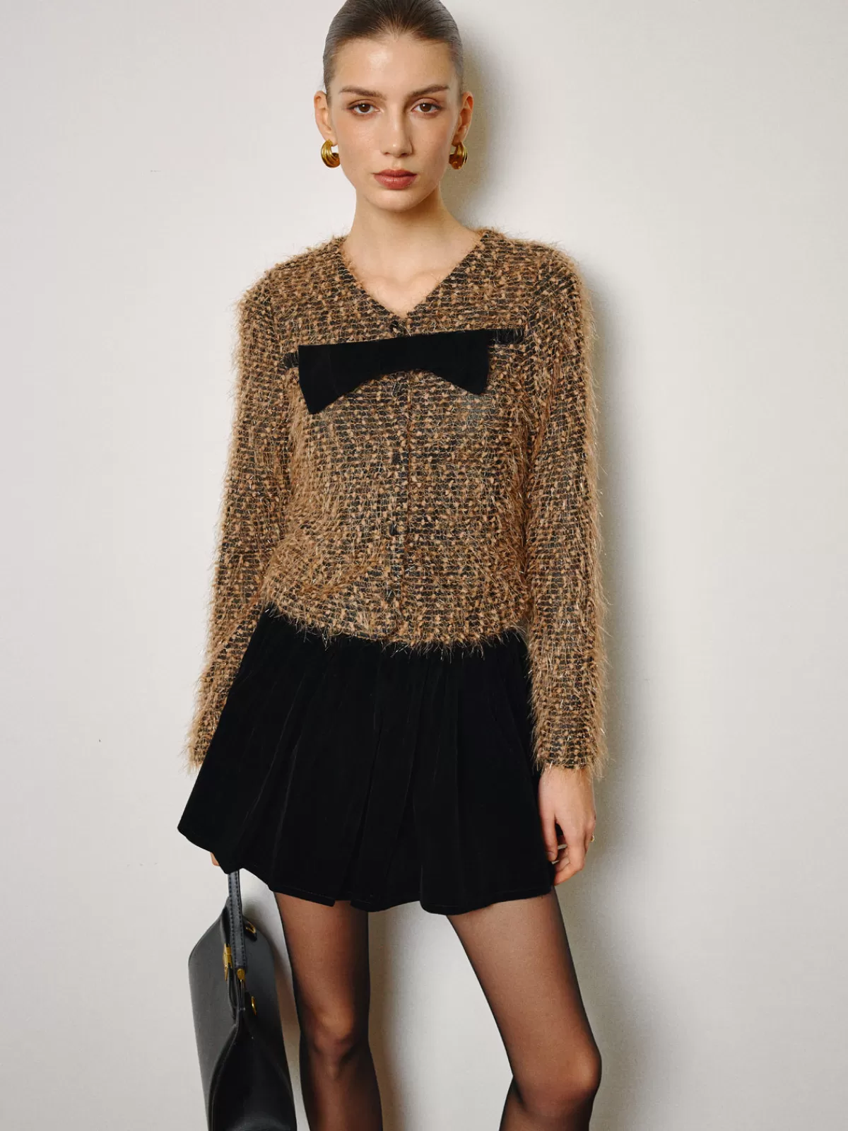 COMMENSE Bow Decor Purl Short Blouse Brown Hot