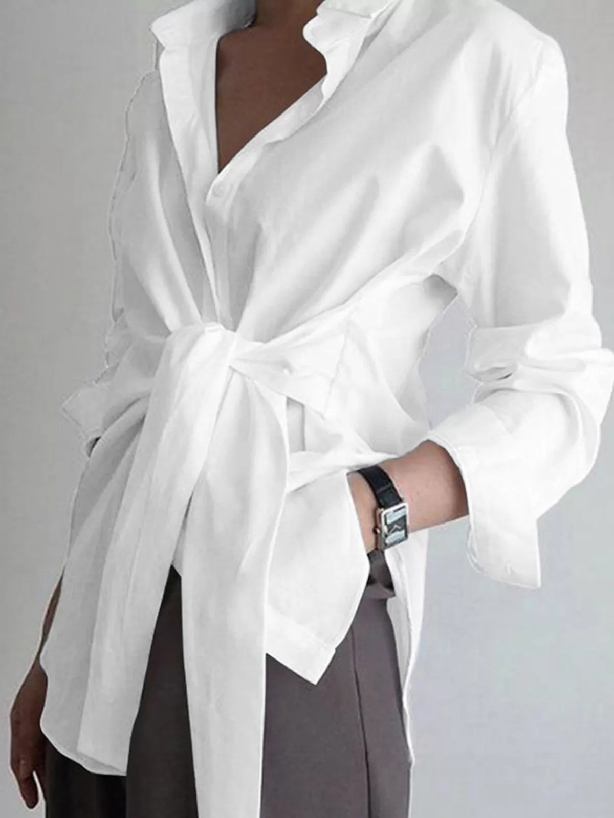 COMMENSE Button Down Tied Long Shirt White New