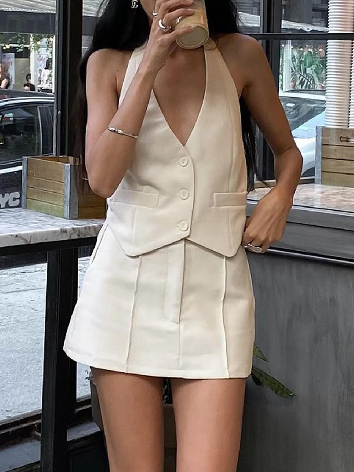 COMMENSE Button Front Halter Neck Backless Vest Blazer With Skirt Set Apricot Outlet