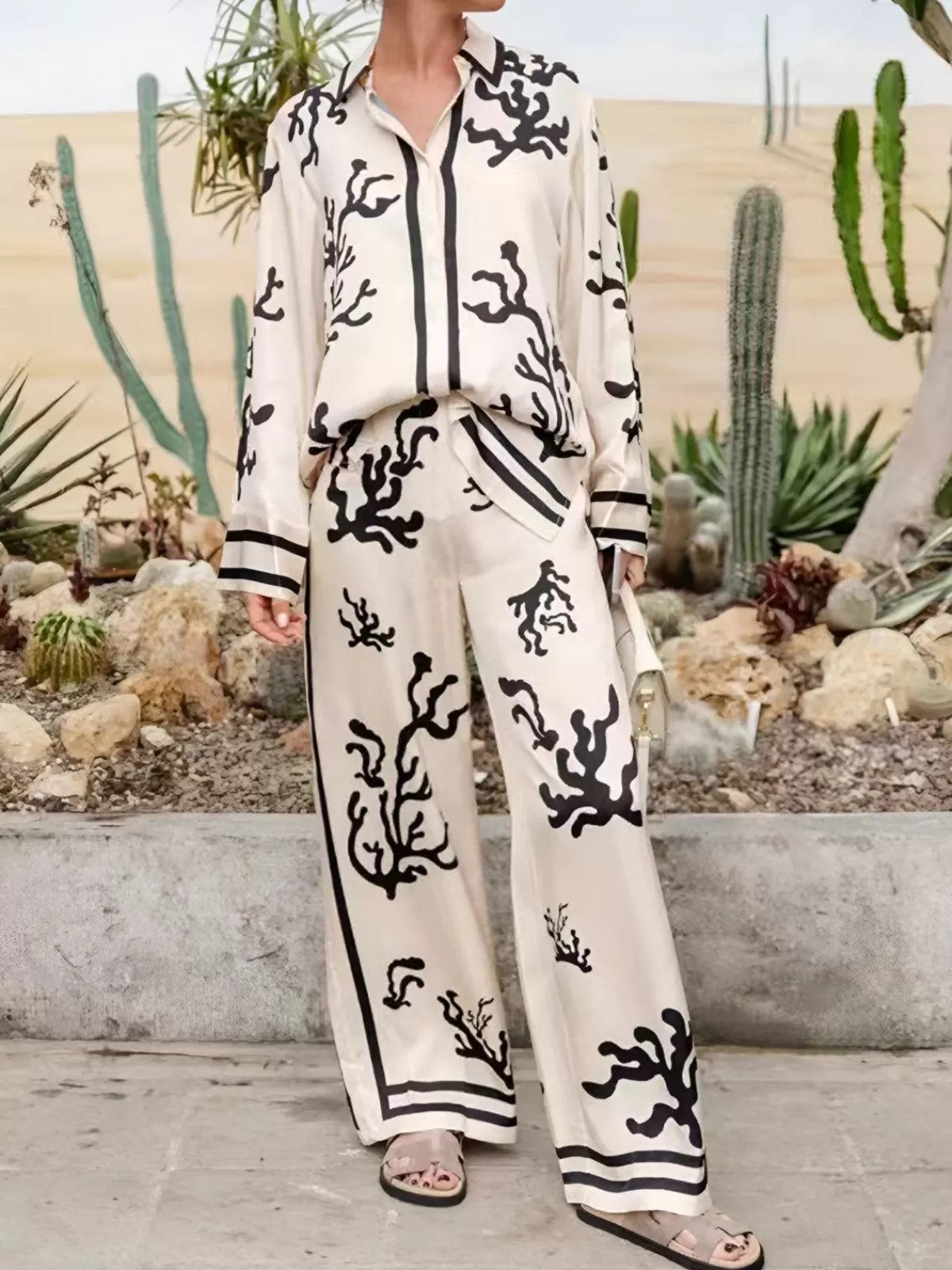 COMMENSE Cactus Print Oversized Pants Set BlackandWhite Online