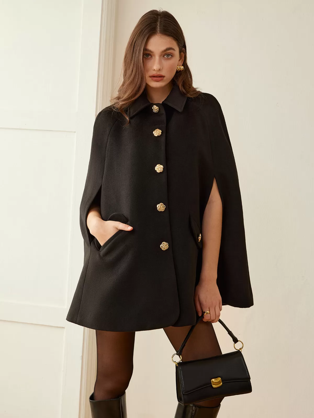 COMMENSE Camellia-Button Cloak Black Best Sale