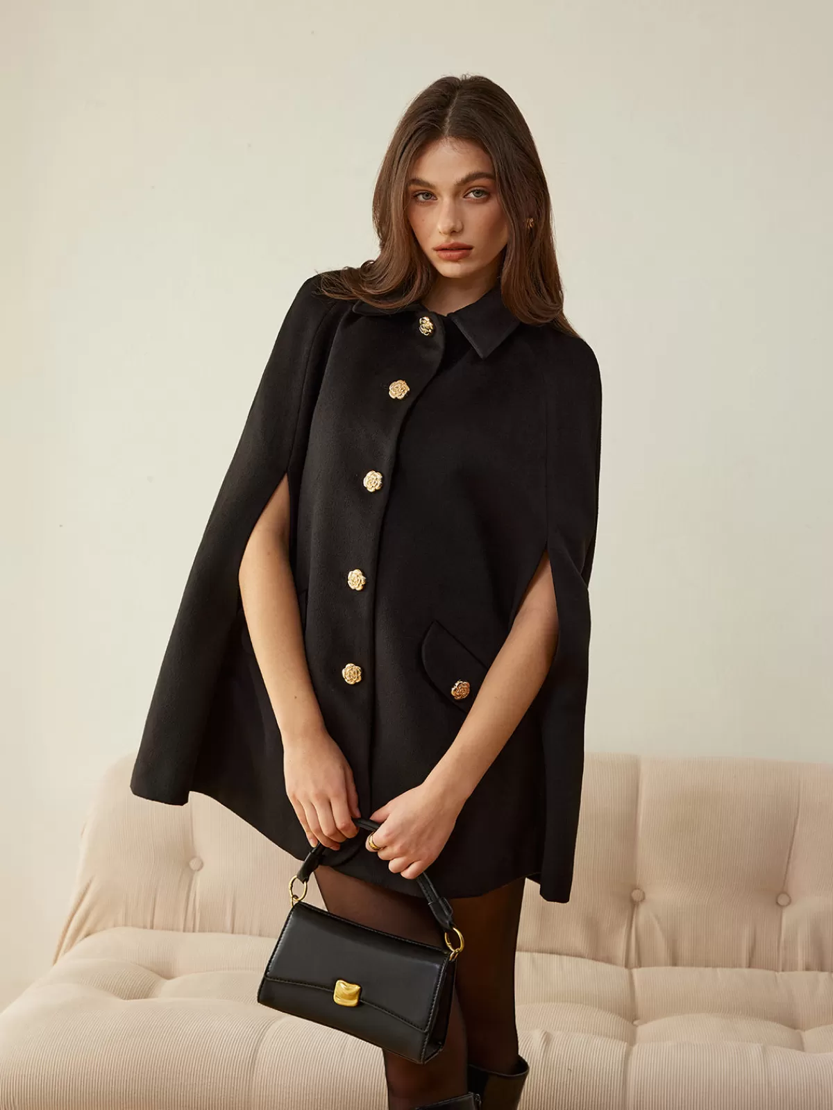 COMMENSE Camellia-Button Cloak Black Best Sale