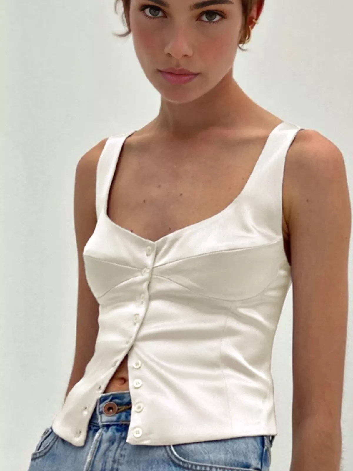 COMMENSE Casual Button-Front Tank Top Off-White New