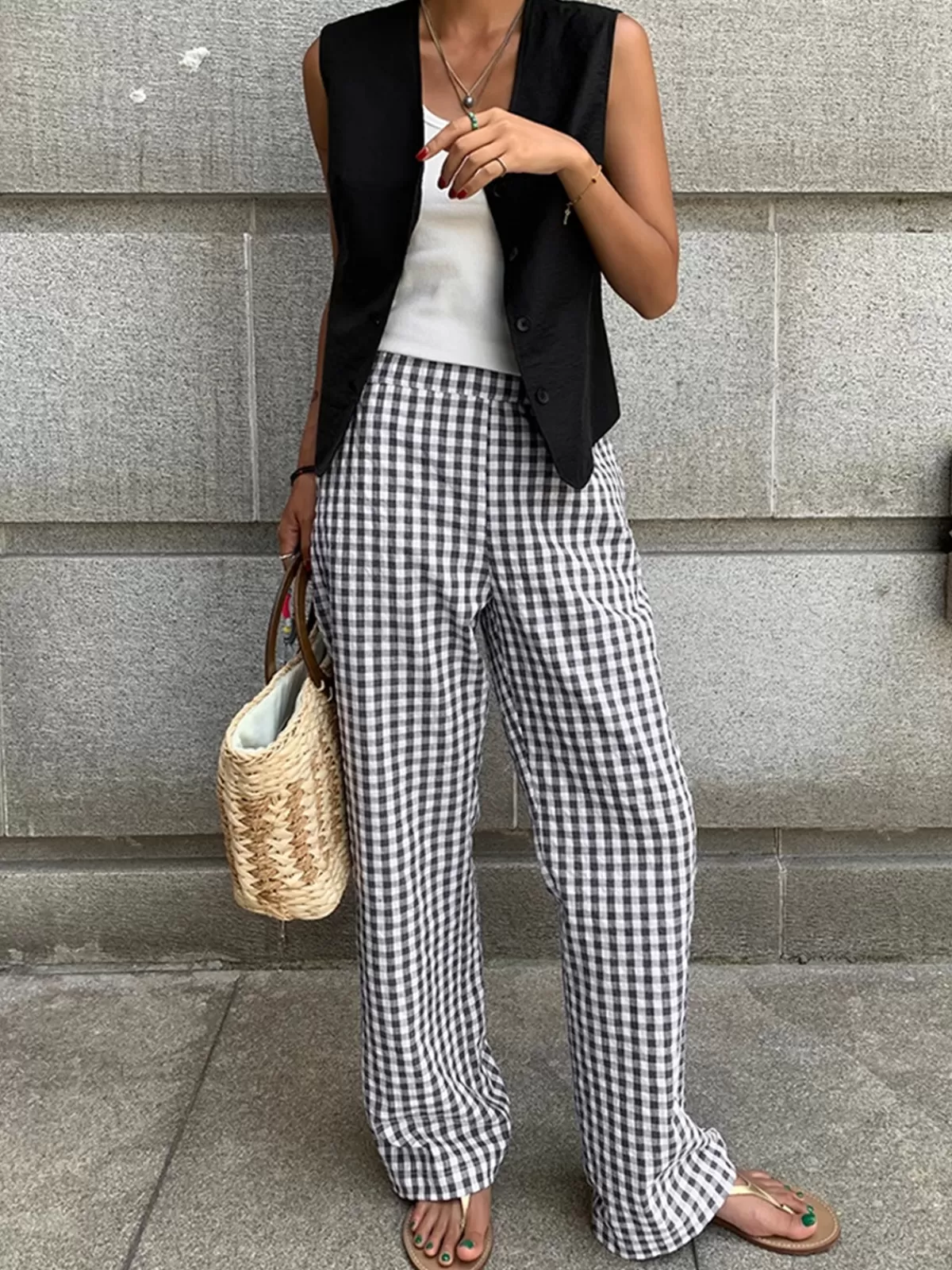 COMMENSE Casual Plaid Wide Leg Pants BlackandWhite Store