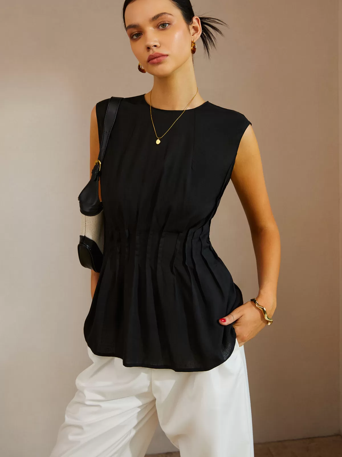COMMENSE Casual Sleeveless Pleated Button Back Blouse Black Outlet
