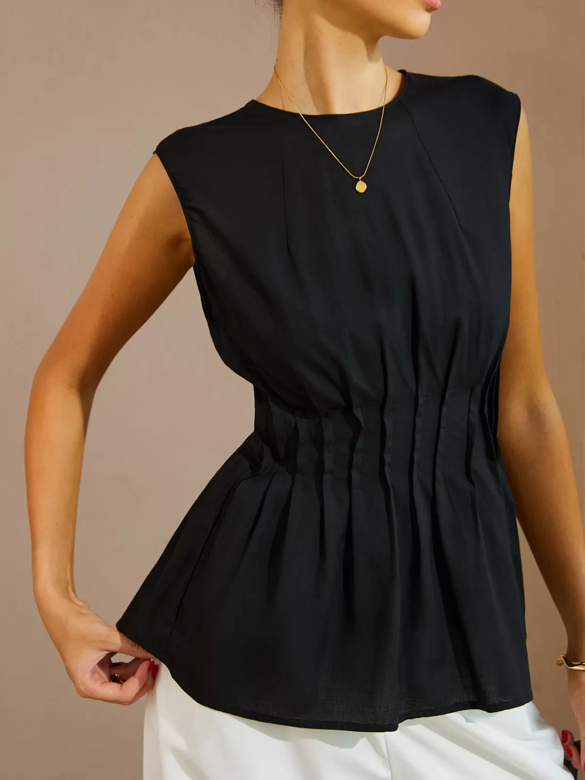 COMMENSE Casual Sleeveless Pleated Button Back Blouse Black Outlet
