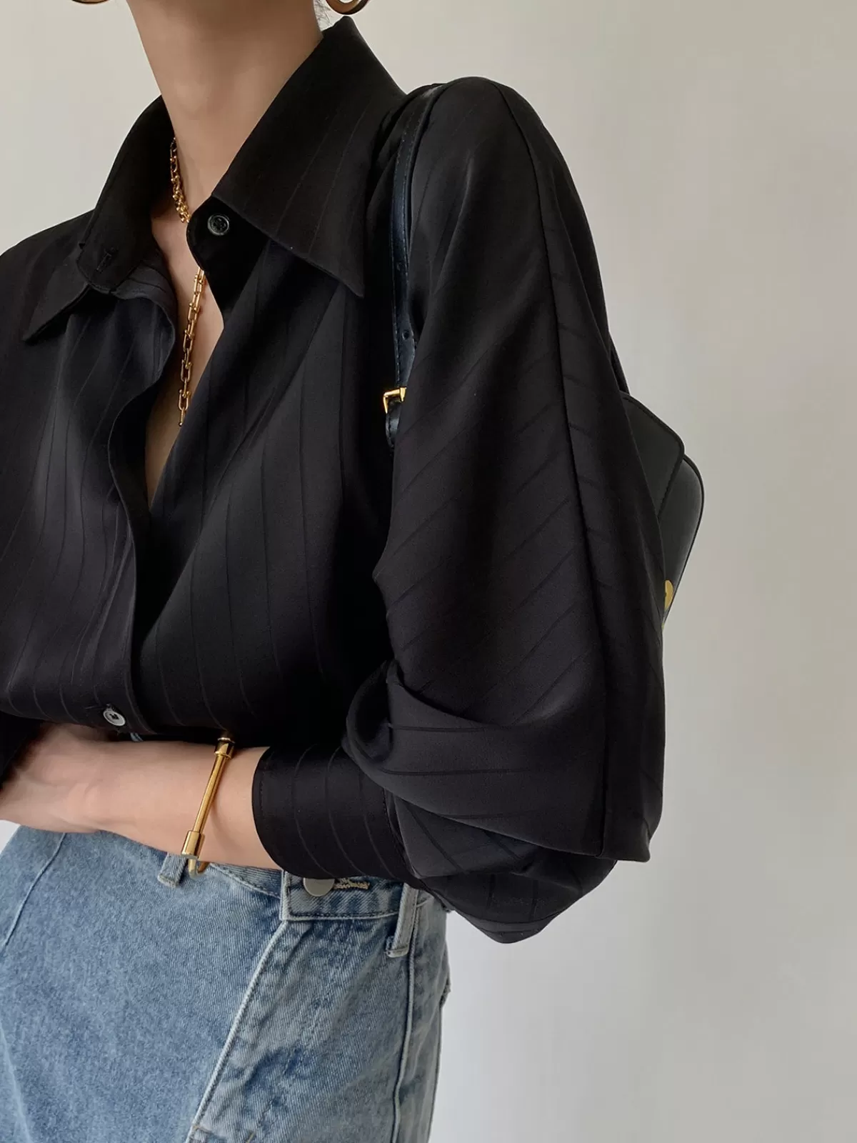 COMMENSE Charlotte Oversized Button Up Collared Shirt Black New