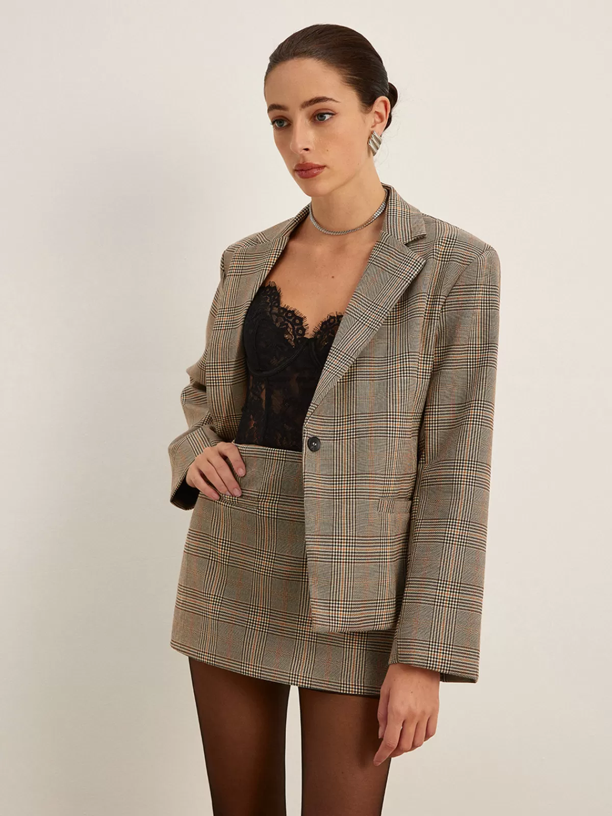 COMMENSE Checked Button Slit Blazer Khaki Store