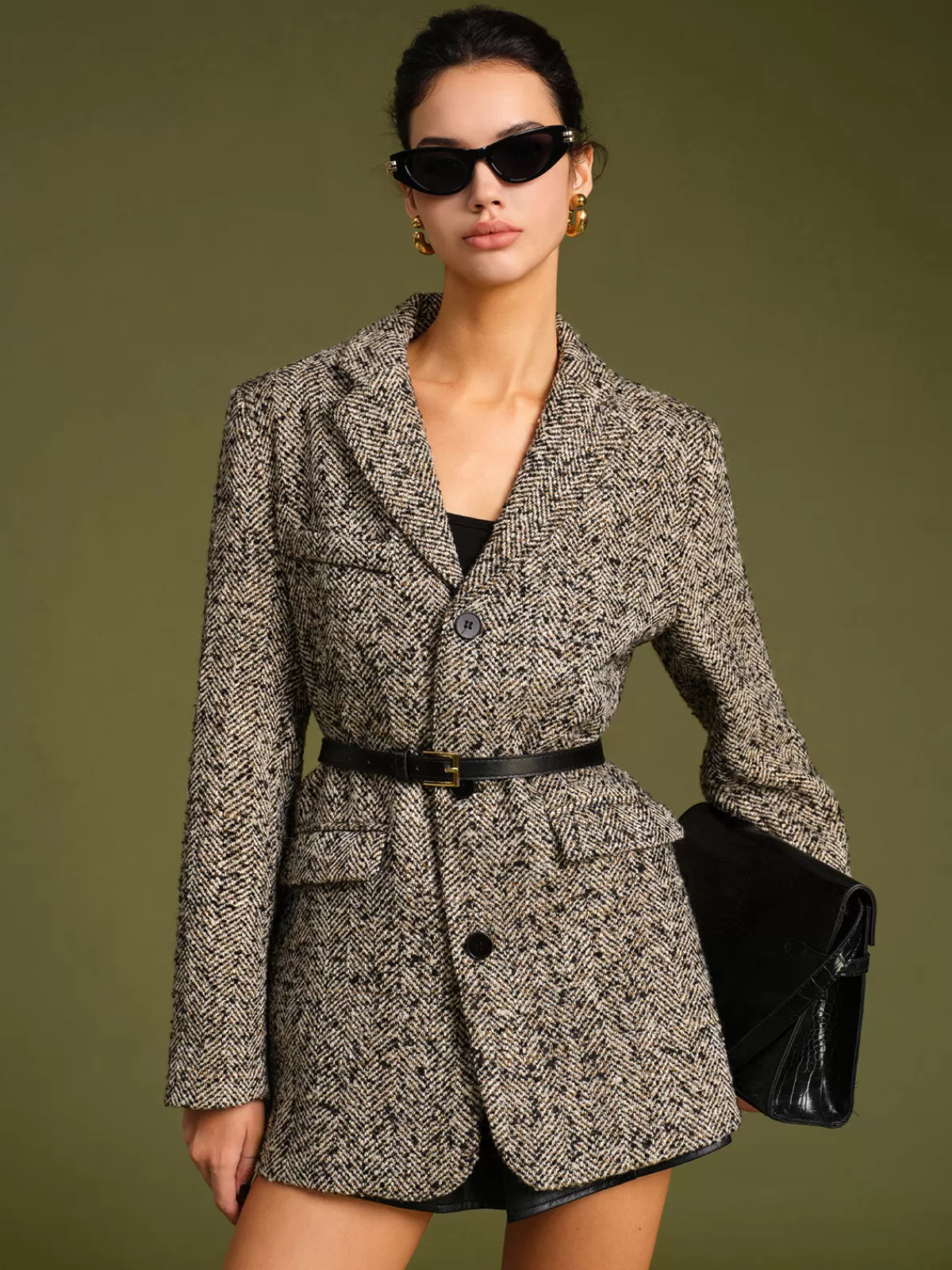 COMMENSE Chevron Tweed Belted Blazer Grey Fashion