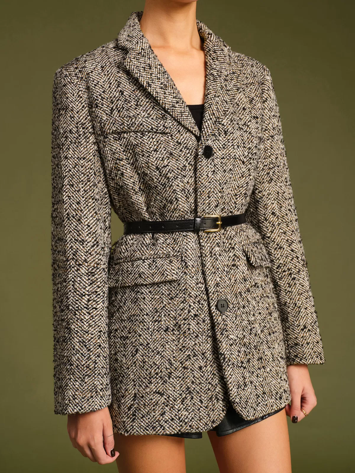 COMMENSE Chevron Tweed Belted Blazer Grey Fashion