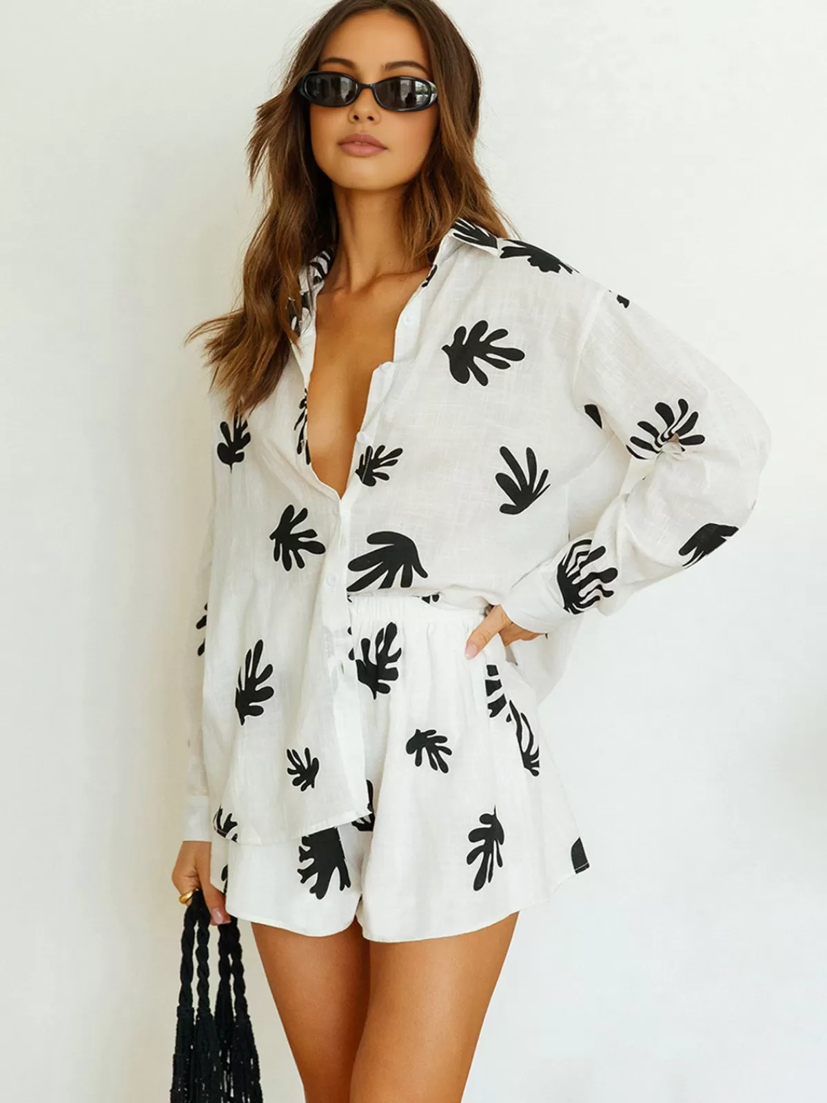 COMMENSE Chill Life Plant Print Shorts Set BlackandWhite Clearance