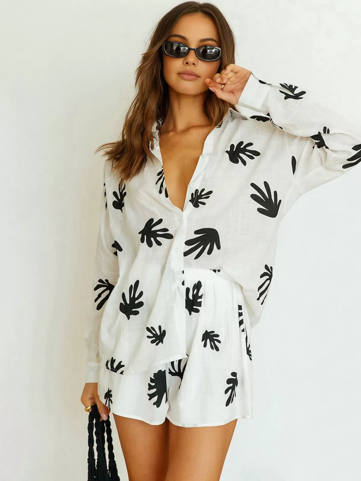 COMMENSE Chill Life Plant Print Shorts Set BlackandWhite Clearance