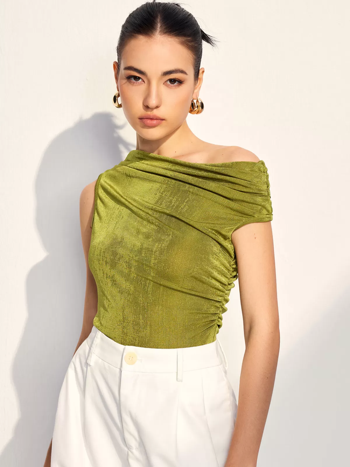 COMMENSE Cold Shoulder Pleated Tank Top Green Online