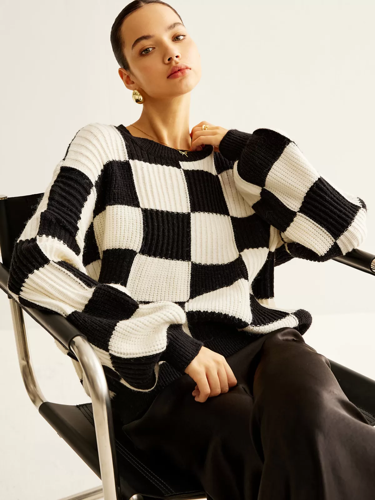 COMMENSE Color Block Checkerboard Sweater BlackandWhite Cheap