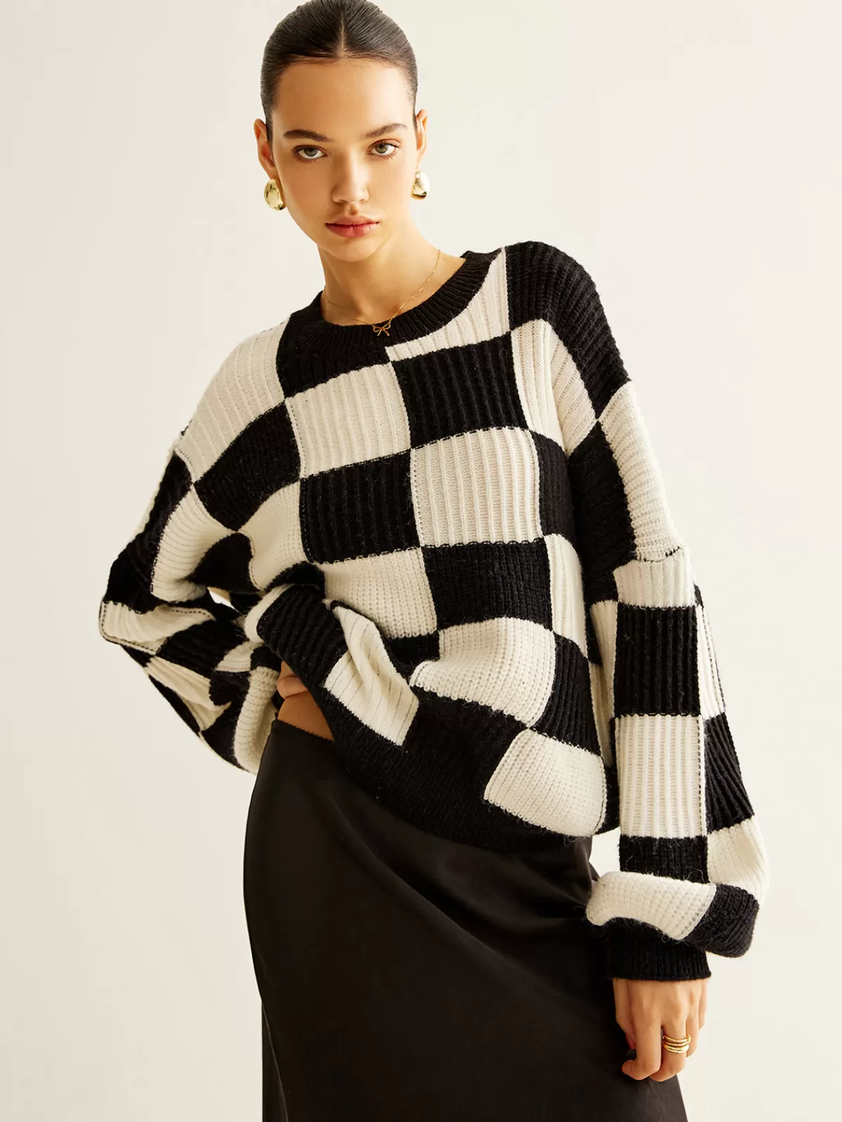 COMMENSE Color Block Checkerboard Sweater BlackandWhite Cheap