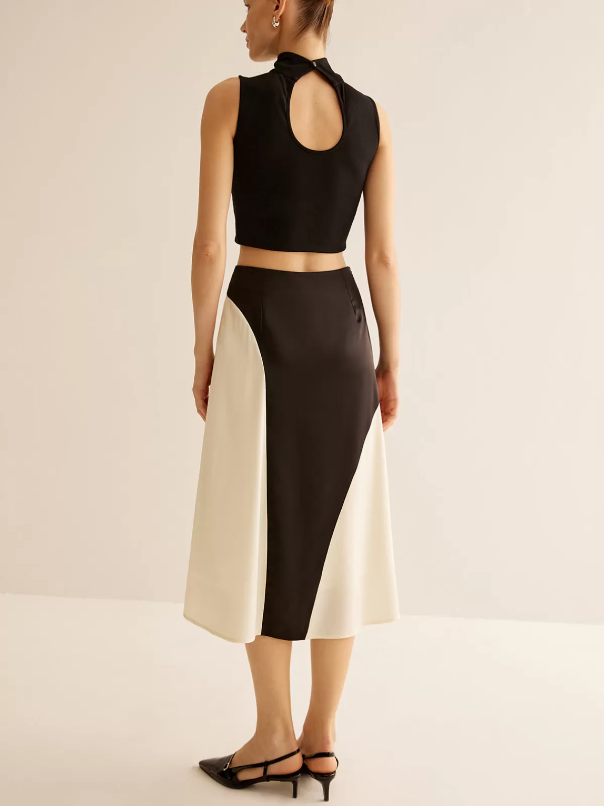 COMMENSE Color Block Midi Skirt BlackandWhite Cheap