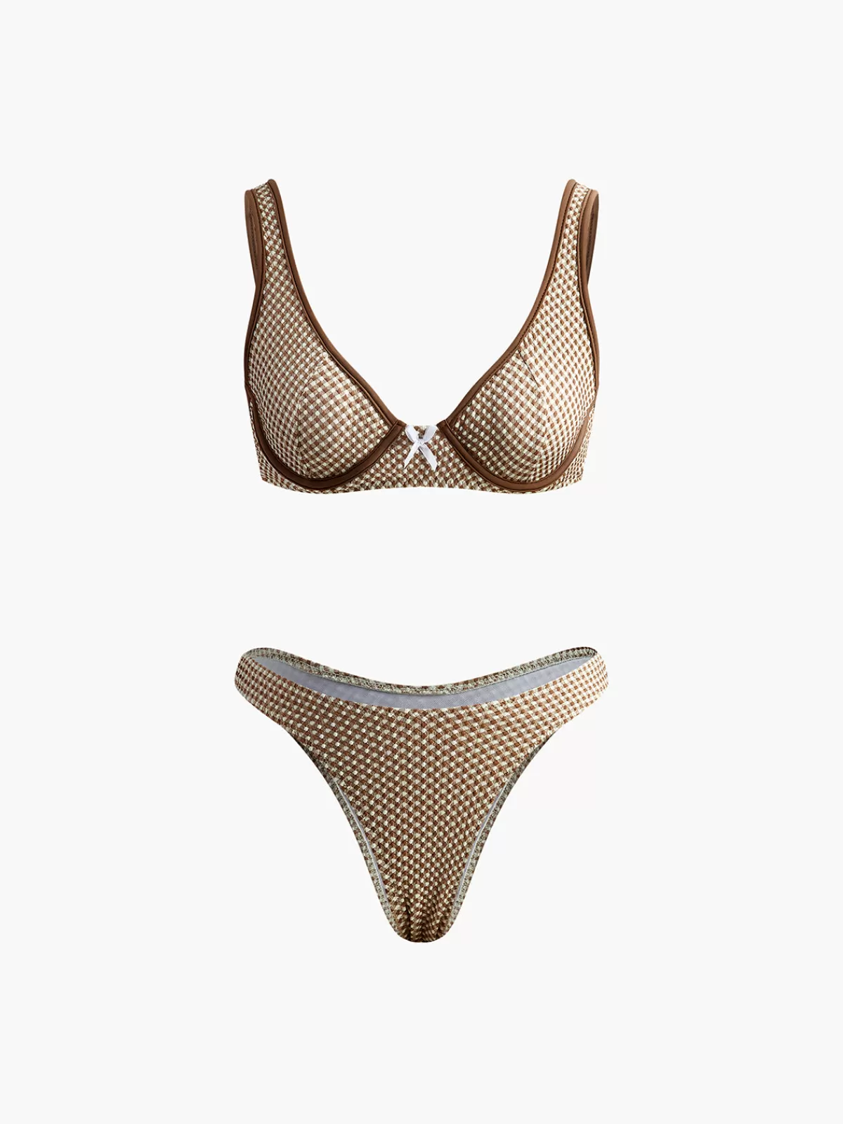 COMMENSE Contrast Binding Plaid Bikini Set LightBrown Fashion